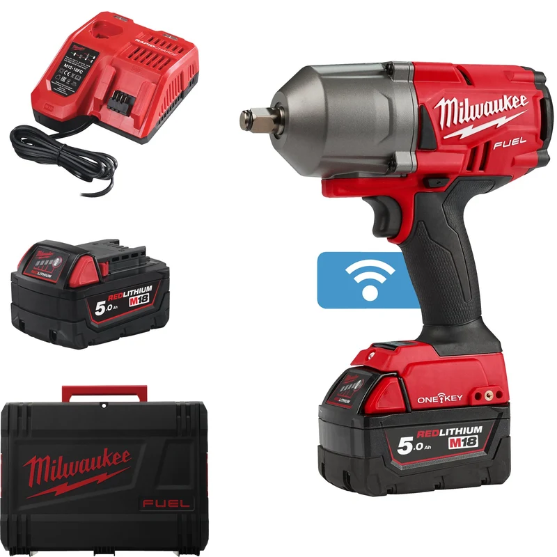 Milwaukee Akku-Schlagschrauber M18 ONEFHIWF12-502X (Drehmoment: 1356 Nm, Lösemoment: 1898 Nm, 1/2"-Vierkant, ONE-KEY, mit 2 x 5,0 Ah Akku in HD Box)